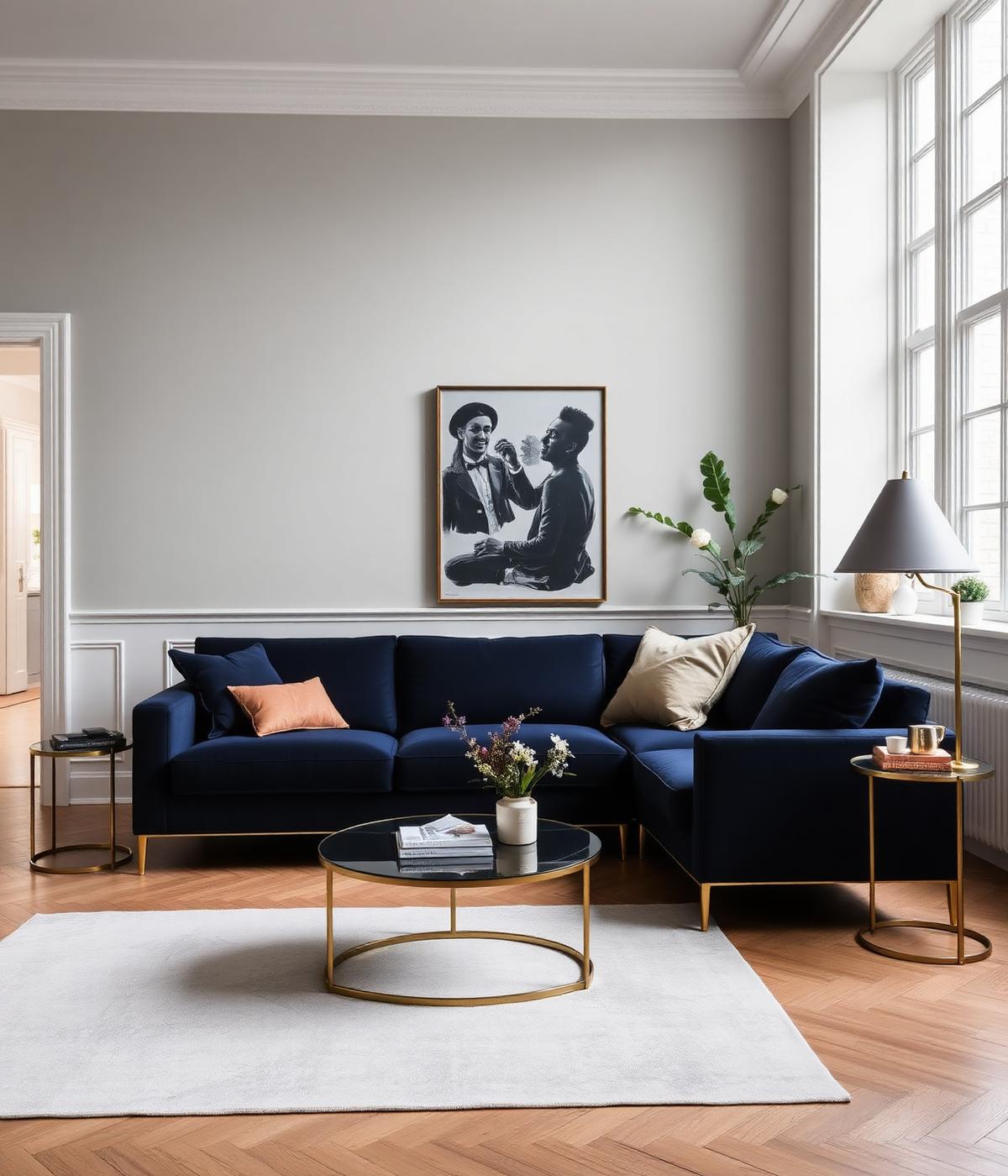 Modern living room interior with navy sofa and brass accents